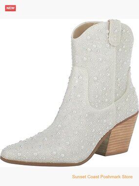 Women Rhinestone Cowboy Boots Glitter Chunky Heel Cowgirl Ankle Boots